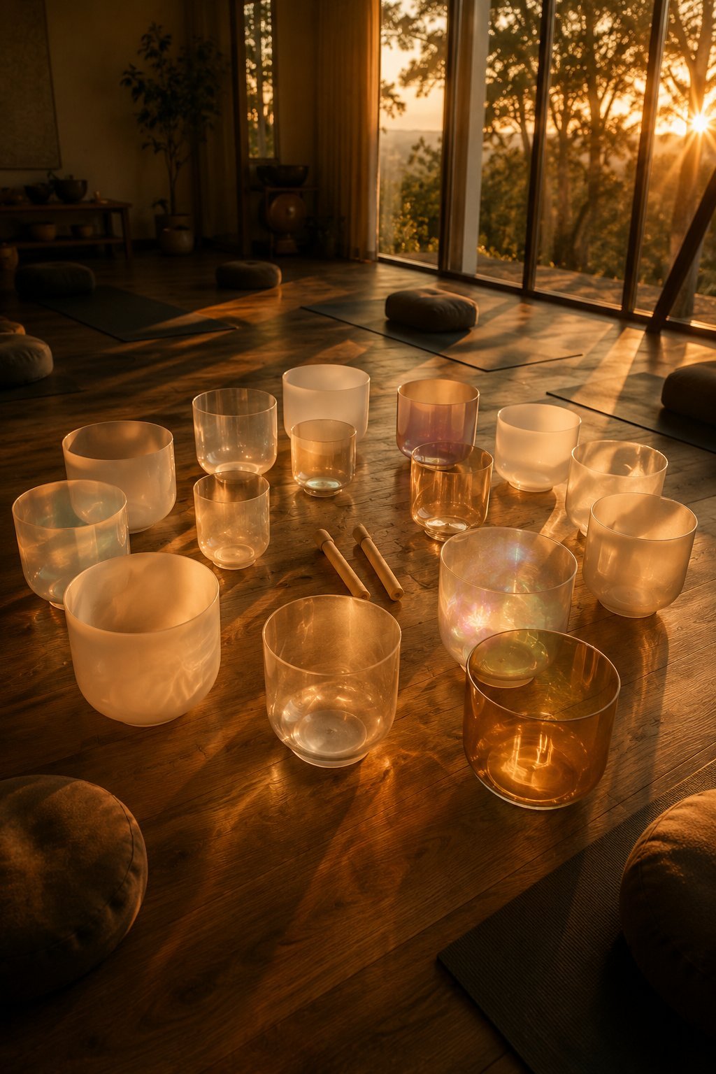 Circle of glass candle holders with lit candles on wooden floor in yoga studio at sunset with windows and plants